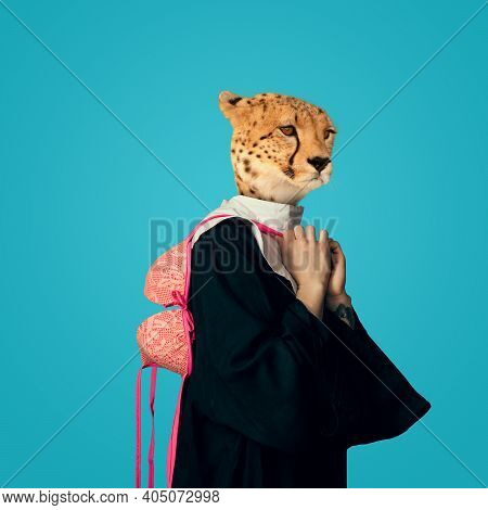Lingerie. Model Like Medieval Royalty Person In Vintage Clothing Headed By Leopard Head On Blue Back