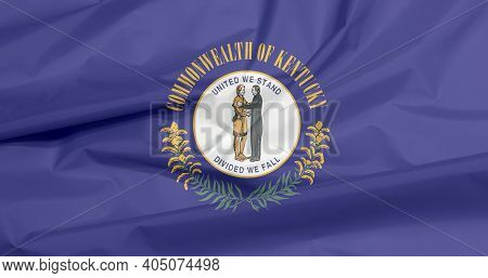 Crease Of Kentucky Fabric Flag Background, The States Of America. The Commonwealth's Seal On A Navy 