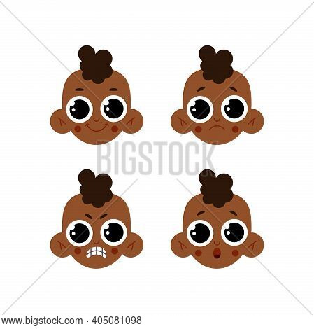 A Set Of Emotions Of An African-american Kid. The Face Of The Cute Baby Expresses Happiness, Sadness