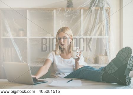 Freelancer Lifestyle. Home Startup. Lockdown Creative Distance Work. Relaxed Woman Enjoying Coffee B