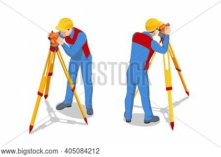 Isometric Surveying Measuring Equipment Level Theodolite On Tripod Isolated On White Background. Pro