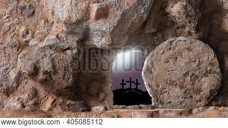 Empty Tomb, Open Door And Three Crosses In The Distance On Sunset Sky Background With Copy Space For