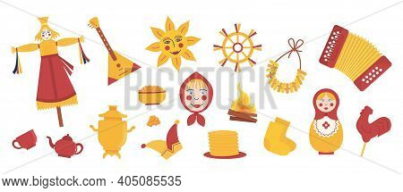Set Of Elements For Maslenitsa Pancake Week. Doll In Ethnic Dress With Straw Head. Samovar, Accordio