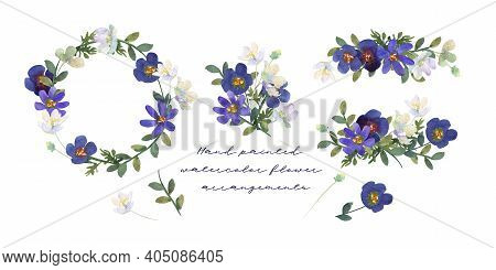 Set Of Wreath, Bouquet And Frame, With Blue And White Hand-drawn Watercolor Flowers