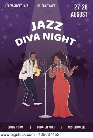 Jazz Diva Night Poster Flat Vector Template. Special Evening Perfomance. Brochure, Booklet One Page 