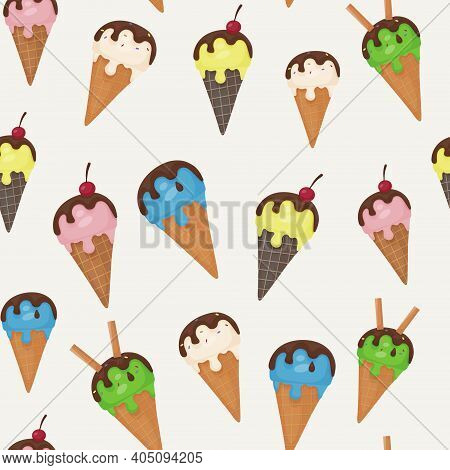 Seamless Vector Pattern Of Ice Cream. Balls Of Different Colors Of Melting Ice Cream In A Waffle Con
