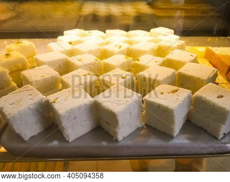 Bengal Sandesh Or Sondesh Made Of Milk Kheer Displayed In A Sweet Shop At Bagdogra, West Bengal, Ind
