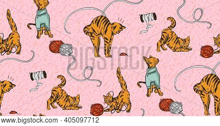 Cat Funny Stitching, Embroidery Print. Cat Playing With Yarn Catlover Background. Knitting Sewing Se