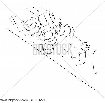 Businessman, Investor Or Oilman Running In Panic From Oil Barrels Falling Downhill, Concept Of Falli