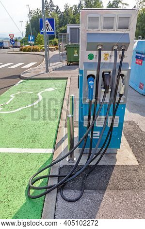 Otocec, Slovenia - June 12, 2019: Fast Charger For Electric Vehicles At Petrol Station Near Otocec, 
