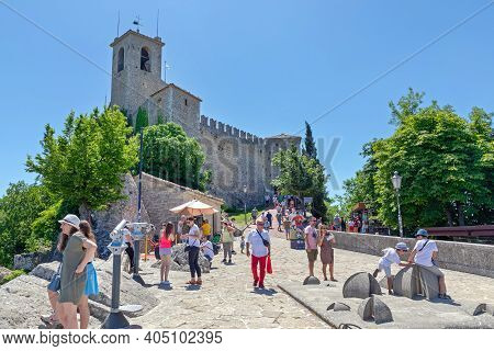 San Marino - June 16, 2019: Guaita Tower Fortress At Top Of Mountain Titano In Republic Of San Marin
