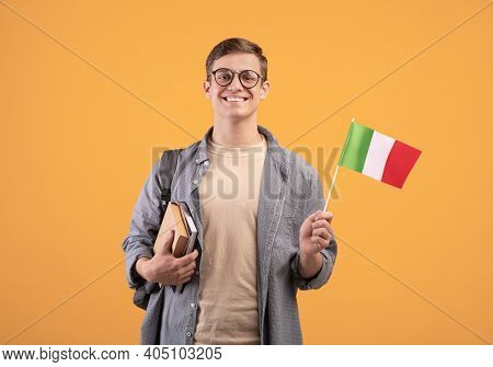 Love Of Country, Education And Travel, Exchange Student And New Pupil. Young Smiling Guy In Glasses 