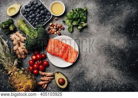Anti Inflammatory Diet Concept. Set Of Foods That Help To Reduce Inflammation - Plant Based Ingredie