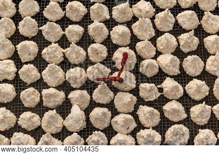 Daler Bori Is Being Dried On A Net In Sunny Day. It Is A Form Of Dried Lentil Dumplings Popular In B