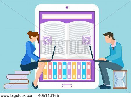 Leaning New Information With Help Of Internet Vector, Isolated People With Laptops And E-book. Educa