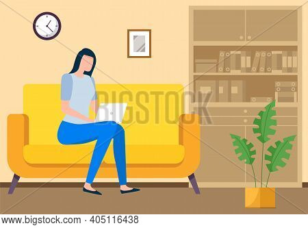 A Girl With A Laptop Sitting On The Sofa At Home Or Office, Woman Holding A Video Conference With Co