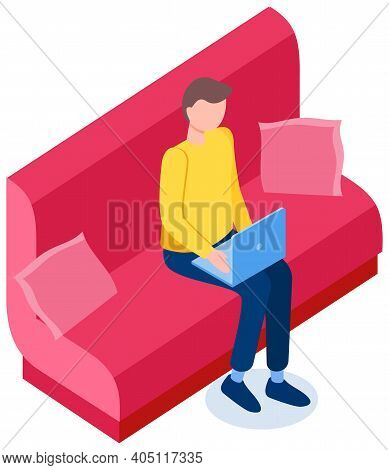 Businessman Thinking While Working On Laptop. Work At Home With Technology And Freelance Concept. Gu