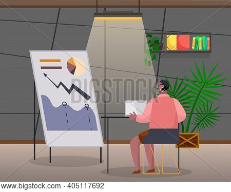 Woman Prepares A Progress Report. Female Character Sitting At A Table With A Laptop At A Later Time.