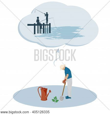 Gardener, Summer Resident, Pensioner Dreams Of Going Fishing - Vector. Travel Planning. Hypothetical