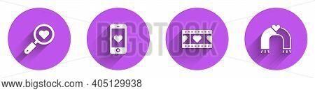 Set Search Heart And Love, Mobile With, Play Video And Love Magnet Icon With Long Shadow. Vector