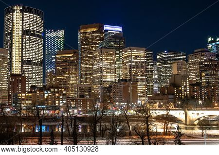 Calgary Alberta Canada, January 30 2021: A Long Exposure Photograph At Night Of Downtown Landmarks I
