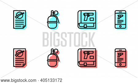 Set Line Book With Pistol Or Gun, Firearms License Certificate, Hand Grenade And Shop Weapon In Mobi