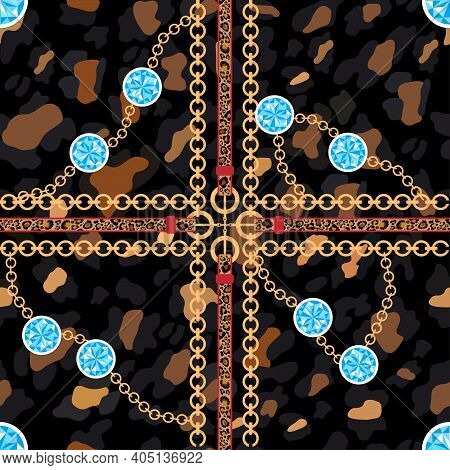 Vector Seamless Pattern Of Baroque Trend, Golden Chain With Blue Topaz Stone, Leather Belts On Leopa