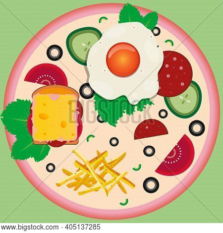 Vector Breakfast Illustration: Scrambled Eggs, Sandwich And Vegetables