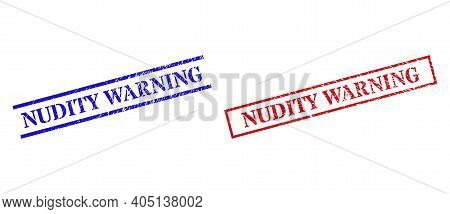 Grunge Nudity Warning Seal Stamps In Red And Blue Colors. Stamps Have Rubber Surface. Vector Rubber 