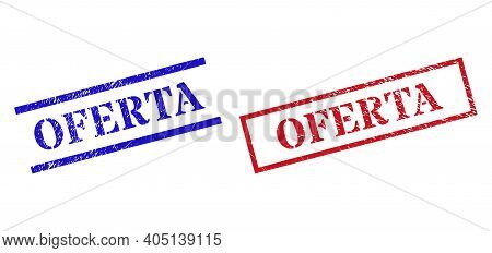 Grunge Oferta Stamp Seals In Red And Blue Colors. Seals Have Rubber Surface. Vector Rubber Imitation