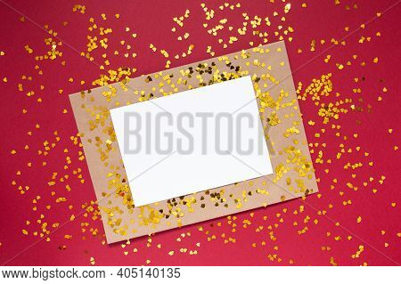Envelope With White Sheet Of Paper For Message To Loved One With Tittle Sparkles On Red Background W