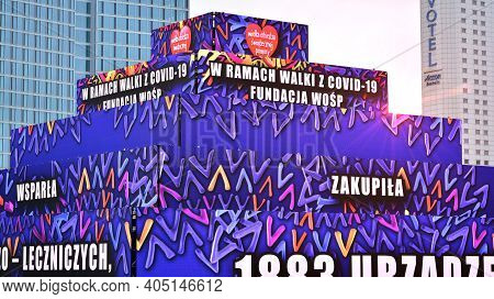 Warsaw, Poland. 26 January 2021. Big Multimedia Structure Shaped As A Pyramid Made With Screens Leds