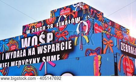 Warsaw, Poland. 26 January 2021. Big Multimedia Structure Shaped As A Pyramid Made With Screens Leds