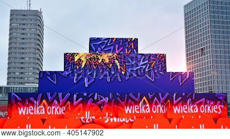 Warsaw, Poland. 26 January 2021. Big Multimedia Structure Shaped As A Pyramid Made With Screens Leds