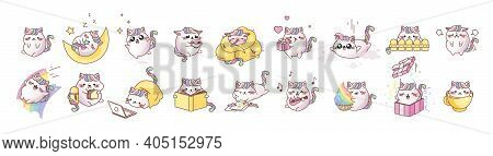 Set Kit Cat Kitty Kitten Kawaii Chibi Emoji Character Sticker Emoticon Smile Emotion Mascot