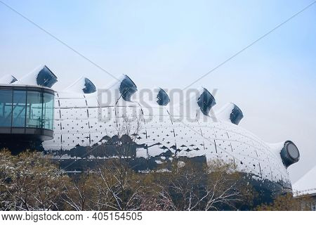 Graz, Austria-december 03, 2020: Detail Of Kunsthaus Graz Building, The Ultra-modern Art Museum For 