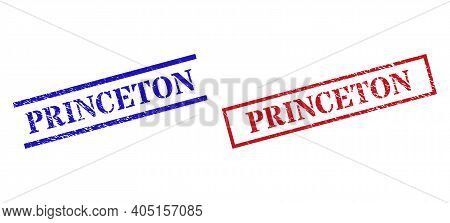 Grunge Princeton Rubber Stamps In Red And Blue Colors. Stamps Have Draft Style. Vector Rubber Imitat