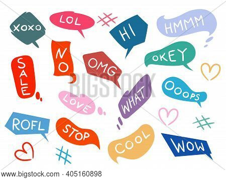 Bubble Talk Phrases. Collection Of Colorful Speech Clouds For Online Chat Messages With Text. Isolat