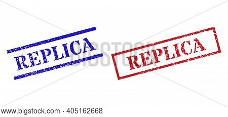 Grunge Replica Rubber Stamps In Red And Blue Colors. Stamps Have Draft Style. Vector Rubber Imitatio
