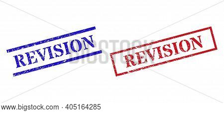 Grunge Revision Rubber Stamps In Red And Blue Colors. Stamps Have Draft Style. Vector Rubber Imitati