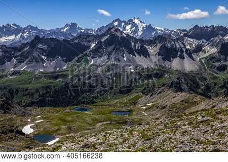 View Of The Ecrins Massiff In The Background With The Small Lakes Gradioles In The First Plane On Cl