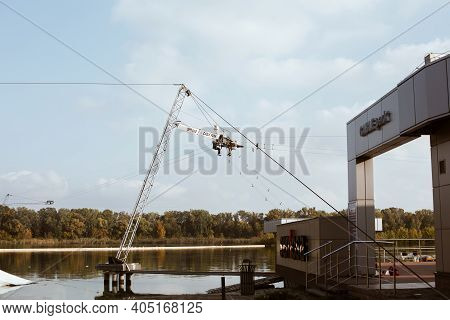 Dnipro, Ukraine - 10.12.2020: Installiation Construction Work Up At Cable Park On Dnipro River Bank,