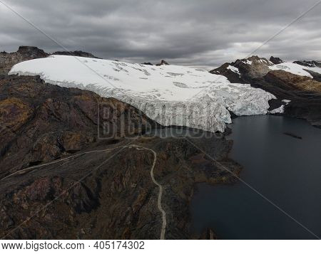 Aerial Panorama View Of Pastoruri Glacier Melting Snow Ice Lake Cordillera Blanca Huaraz Ancash Peru