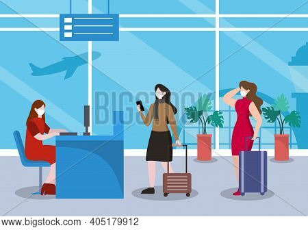 New Norma, Vector Illustration People In Masks Observe Social Distancing In The Interior Airport, Ch