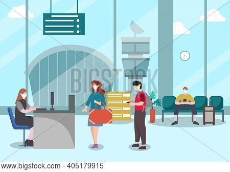 New Norma, Vector Illustration People In Masks Observe Social Distancing In The Interior Airport, Ch