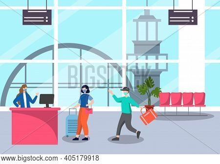 New Norma, Vector Illustration People In Masks Observe Social Distancing In The Interior Airport, Ch
