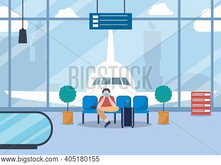 New Norma, Vector Illustration People In Masks Sitting In Airport Interior Terminal, Business Travel