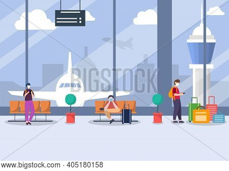 New Norma, Vector Illustration People In Masks Sitting In Airport Interior Terminal, Business Travel