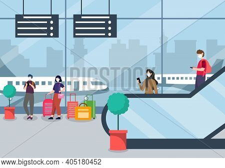 New Norma, Vector Illustration People In Masks Standing On Escalator Airport Interior Terminal, Busi