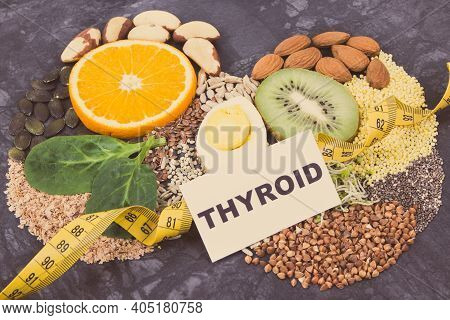 Nutritious Natural Ingredients In Shape Of Thyroid. Healthy Lifestyles And Food Containing Vitamins 